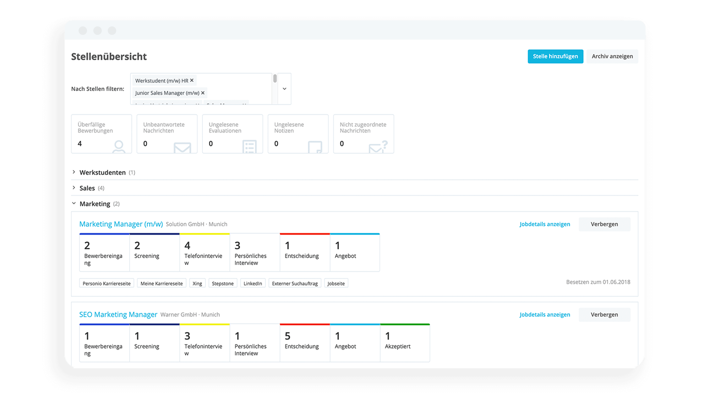 Bewerbermanagement Software Stellenübersicht