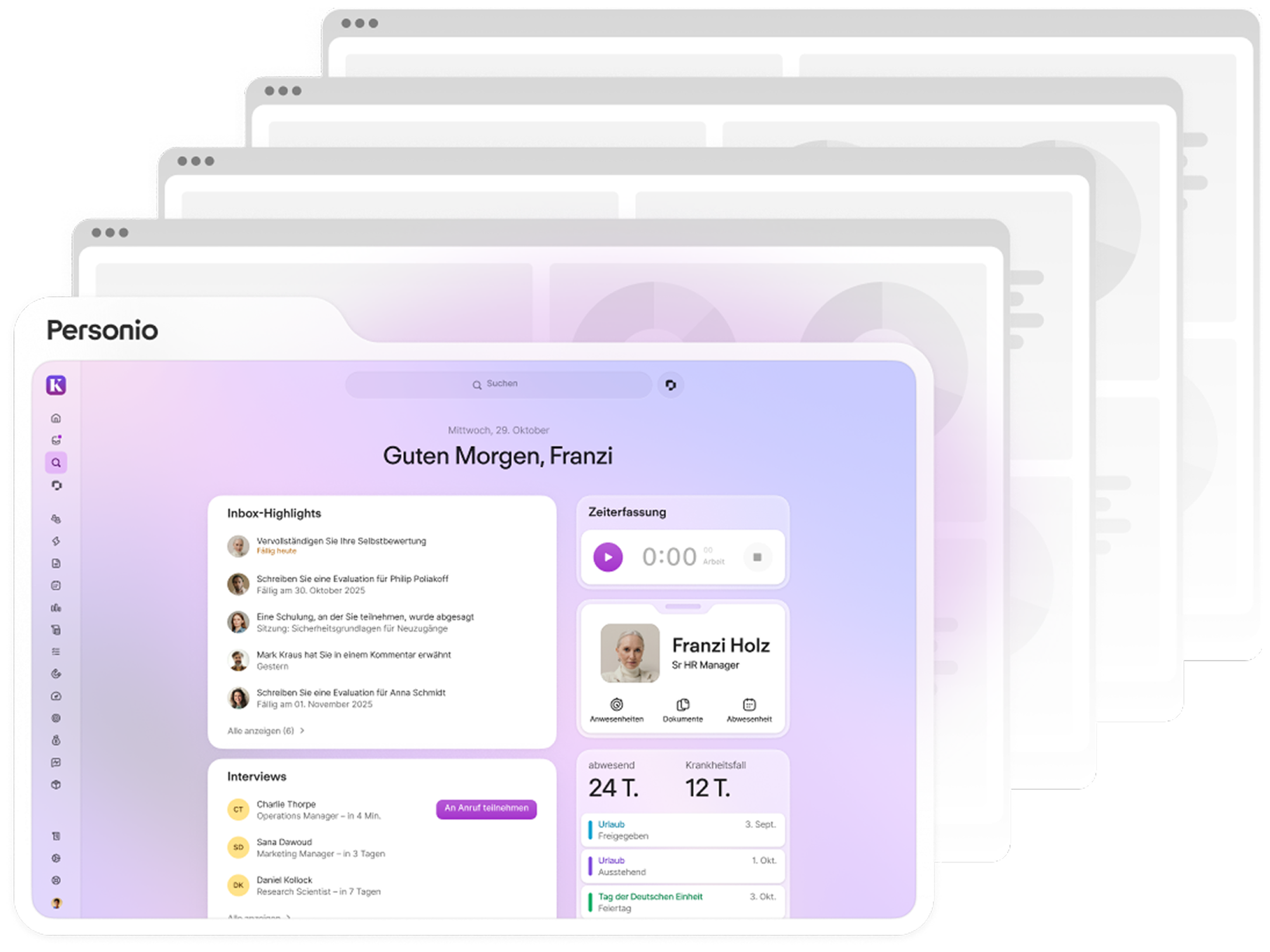 Personio HR software dashboard showing inbox highlights, time tracking, and upcoming interviews for HR Manager Franzi Holz.