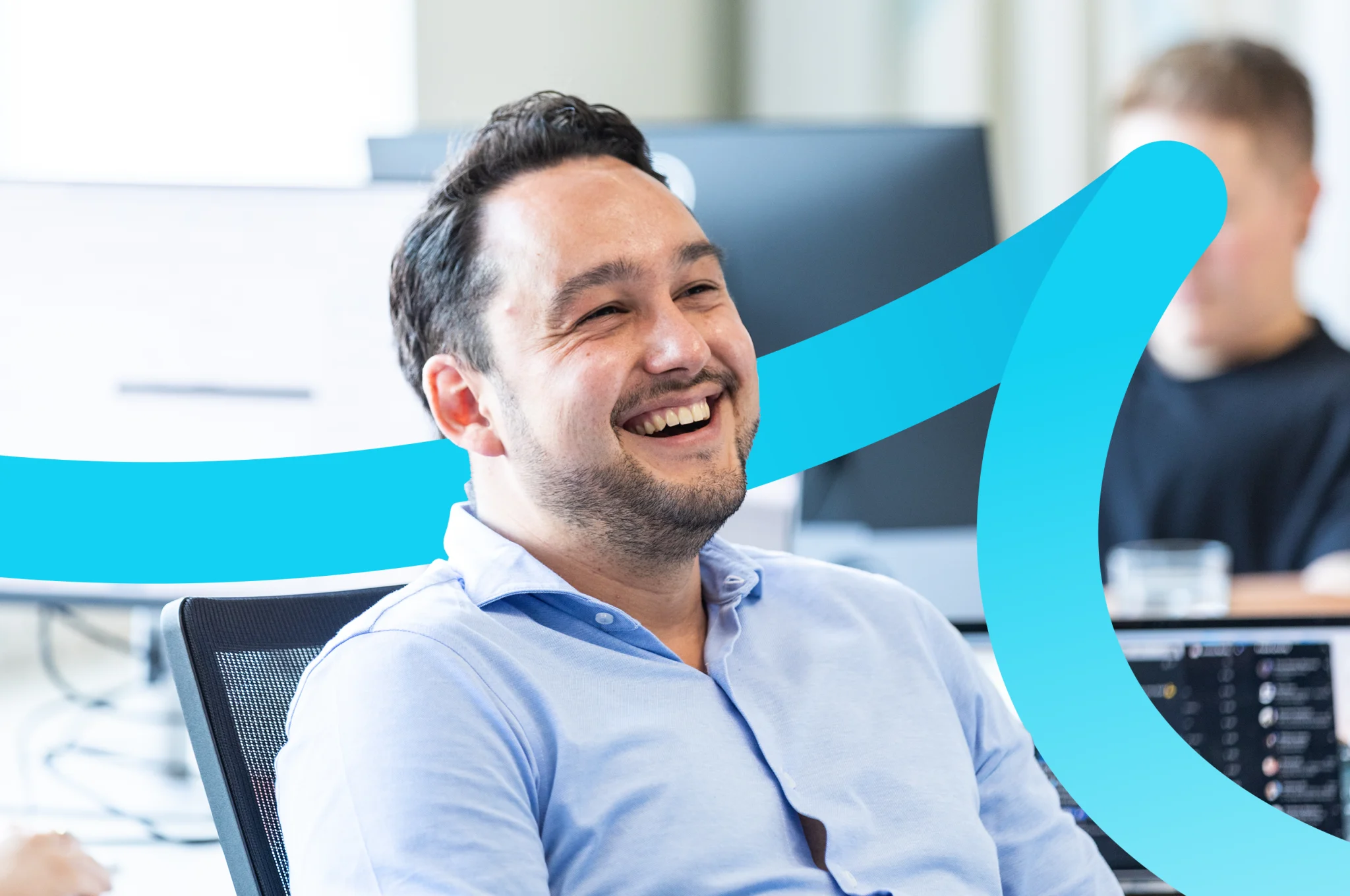 Smiling employee with blue collar shirt