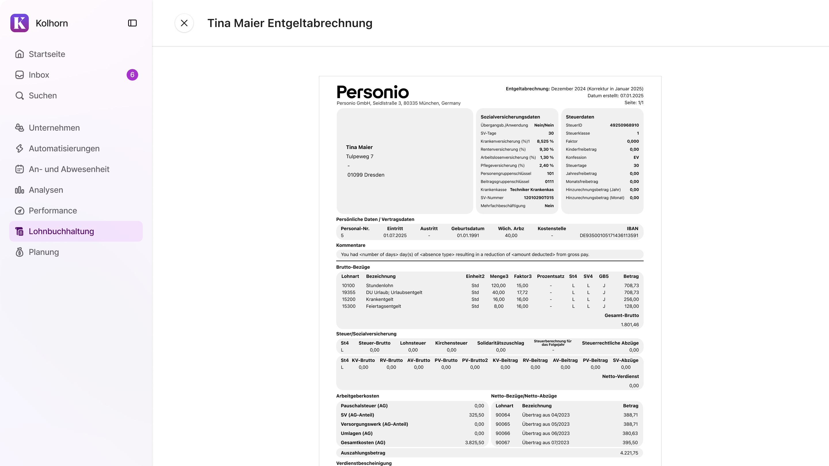Personio-Gehaltsabrechnung für Tina Maier, Dezember 2024, mit Brutto-Bezügen, Steuer- und Sozialversicherungsdaten in der Personio-App.