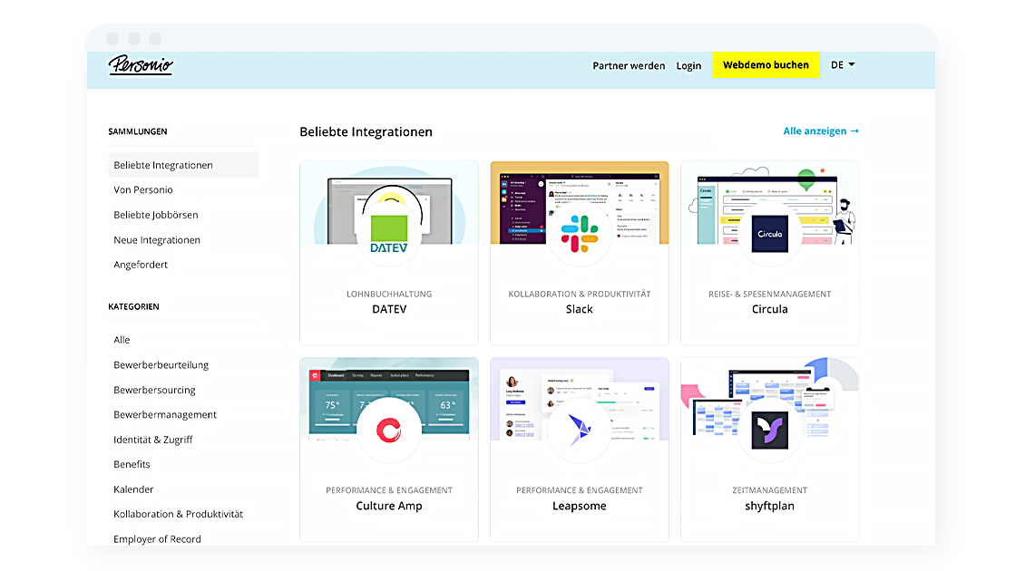 a screenshot of the personio marketplace showing the most popular integrations