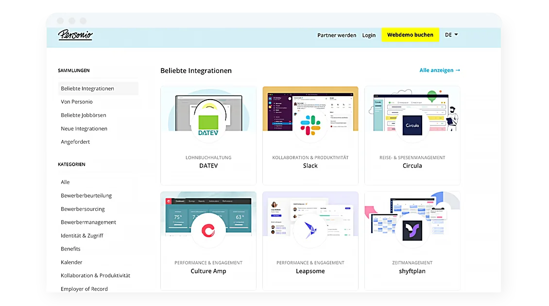 a screenshot of the personio marketplace showing the most popular integrations