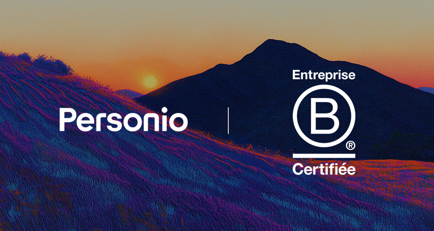 Personio logo beside Certified B Corporation logo over a colorful illustrated sunset landscape with mountains and purple fields.