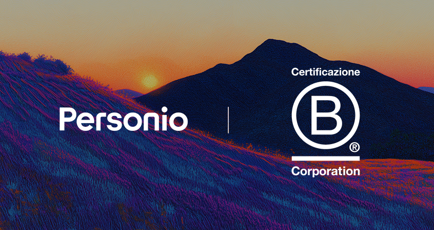 Personio logo beside Certified B Corporation logo over a colorful illustrated sunset landscape with mountains and purple fields.