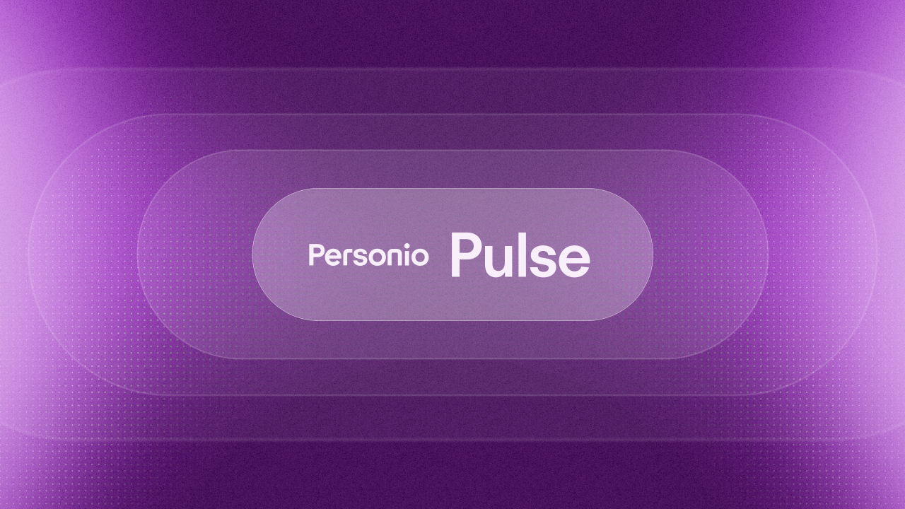 Purple gradient background with nested rounded rectangles and white text reading Personio Pulse in the center.