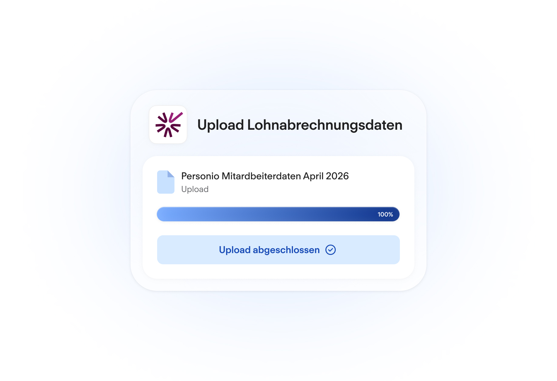 Upload-Dialog für Lohnabrechnungsdaten mit 100% Fortschrittsbalken und Bestätigung "Upload abgeschlossen".