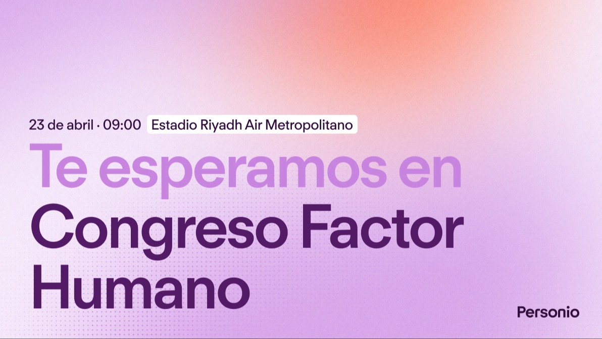 Event announcement for Congreso Factor Humano on April 23 at 09:00, Riyadh Air Metropolitan Stadium, with purple gradient background.