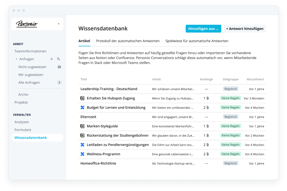 Personio Dashboard Knowledge Articles