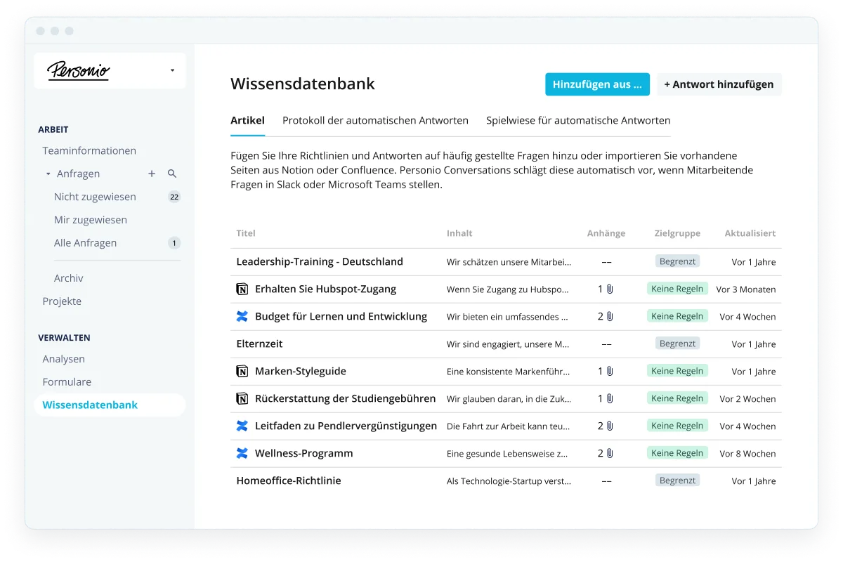 Personio Dashboard Knowledge Articles