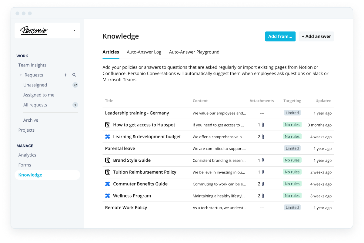 Personio Dashboard Knowledge Articles