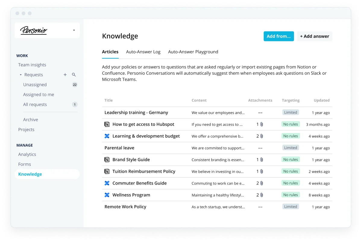 Personio Dashboard Knowledge Articles