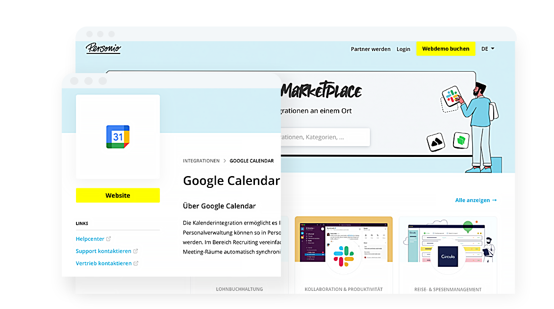 screenshot of the personio marketplace, highlighting the google calendar integration