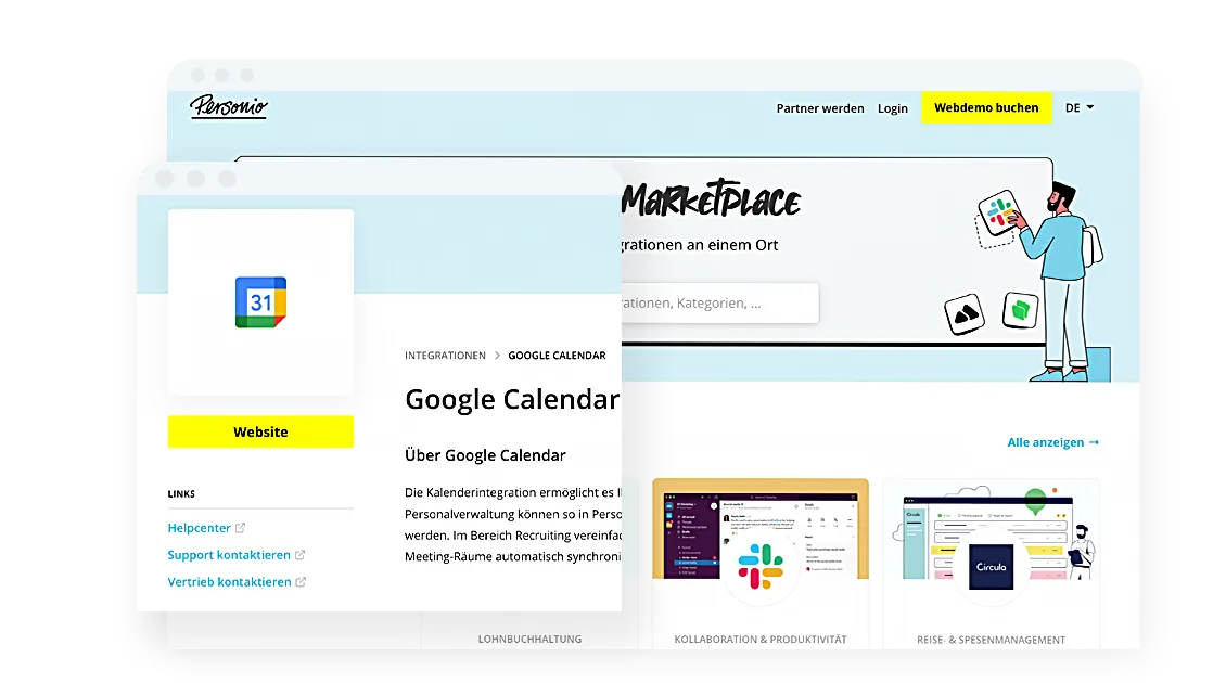 screenshot of the personio marketplace, highlighting the google calendar integration