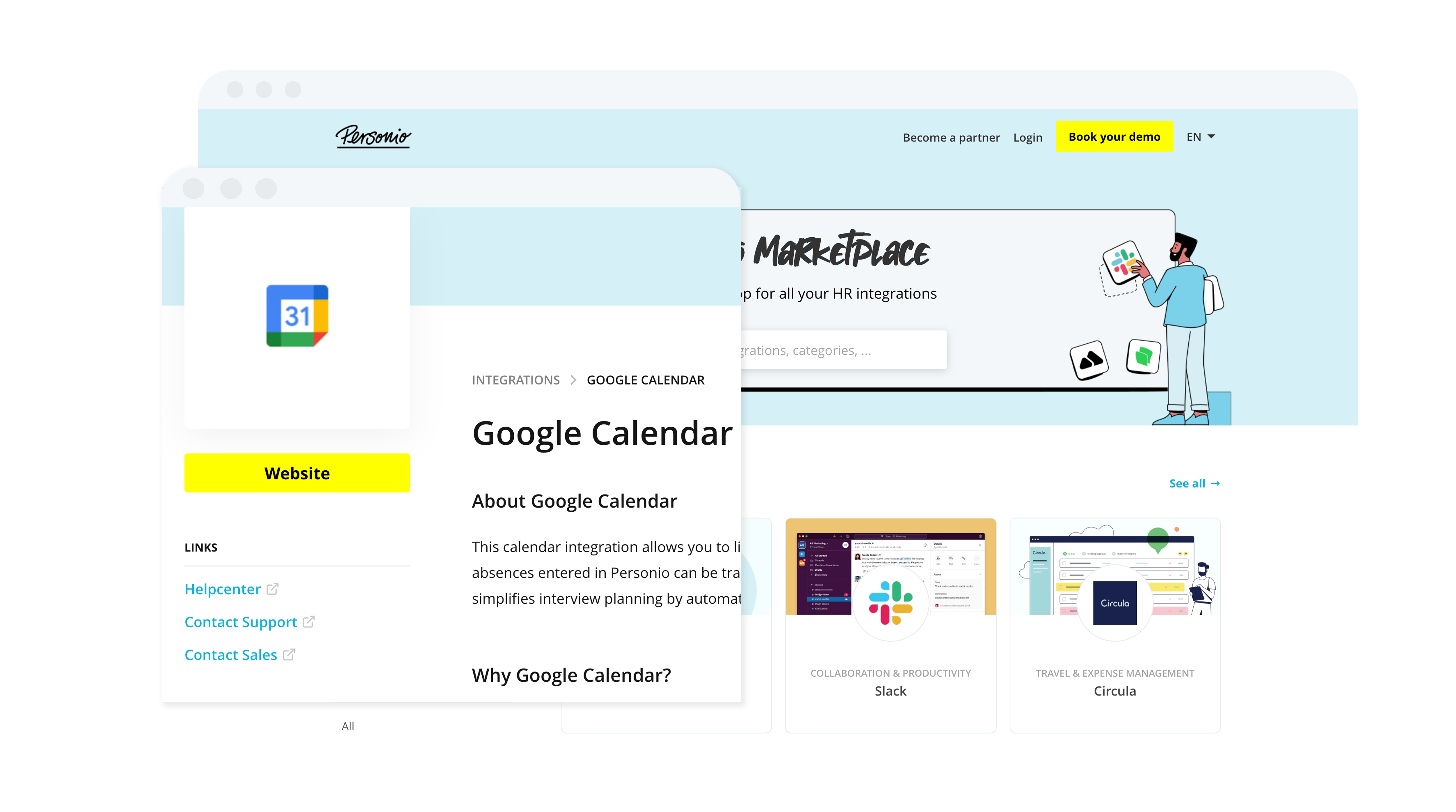 screenshot of the personio marketplace, highlighting the google calendar integration