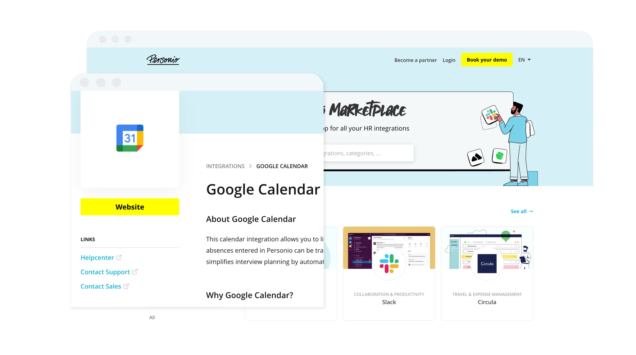 screenshot of the personio marketplace, highlighting the google calendar integration