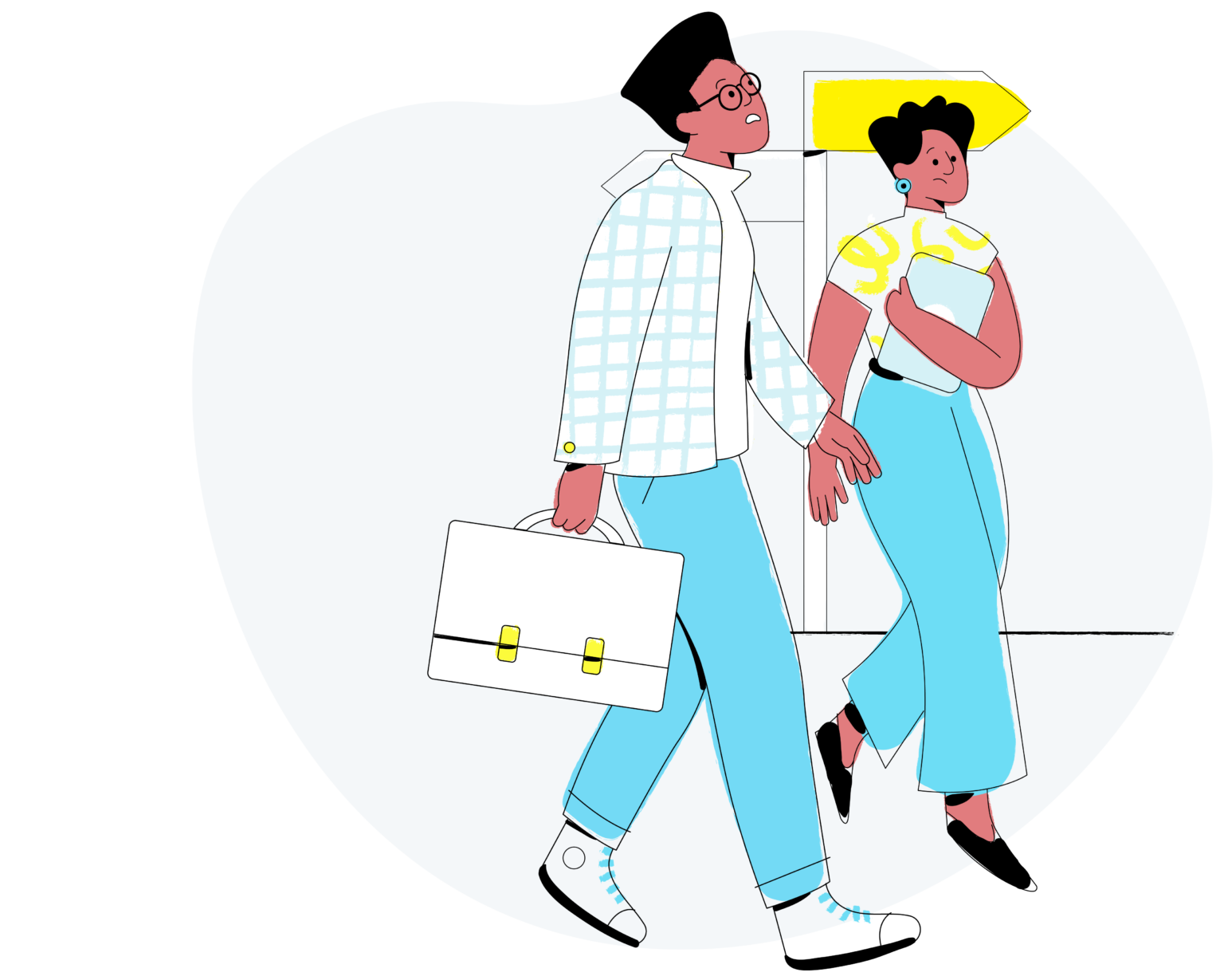 illustration of 2 people walking down a street