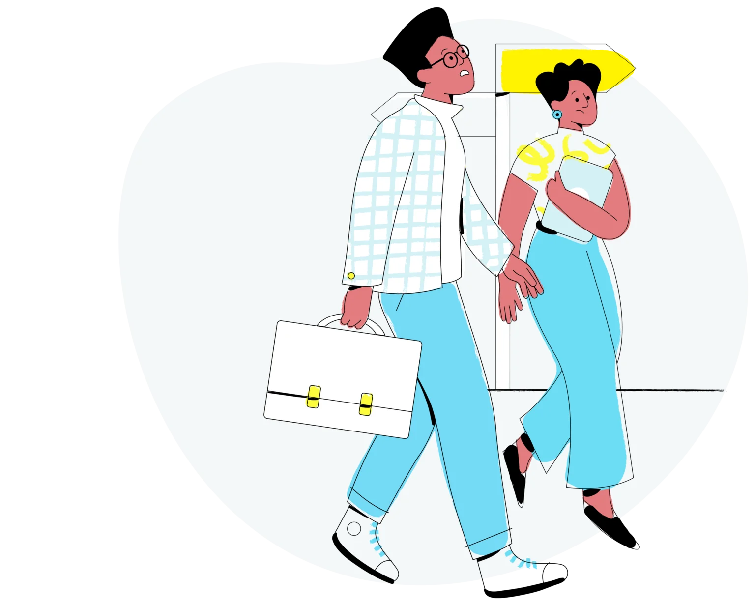 illustration of 2 people walking down a street