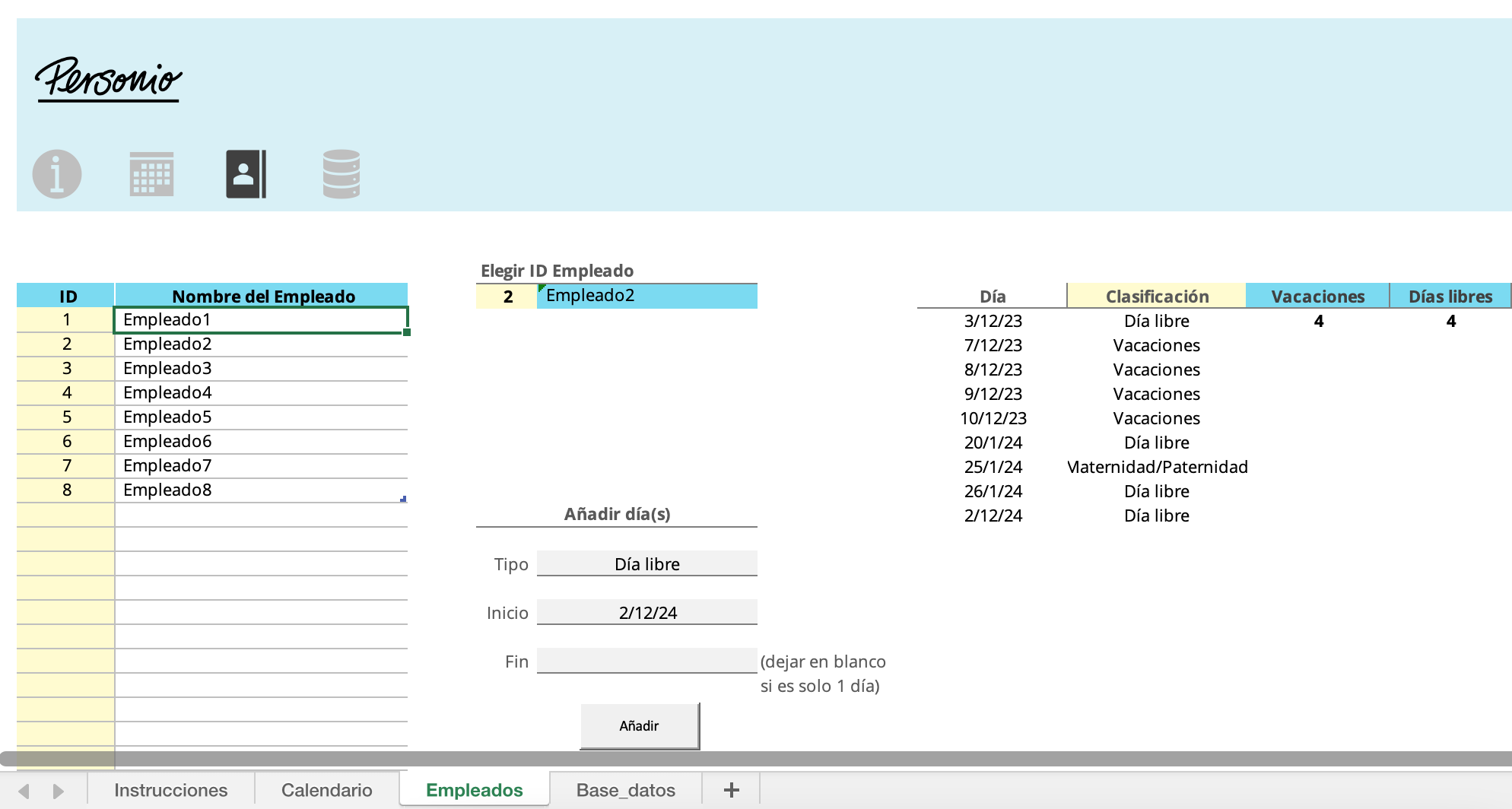 Plantilla vacaciones empleados excel