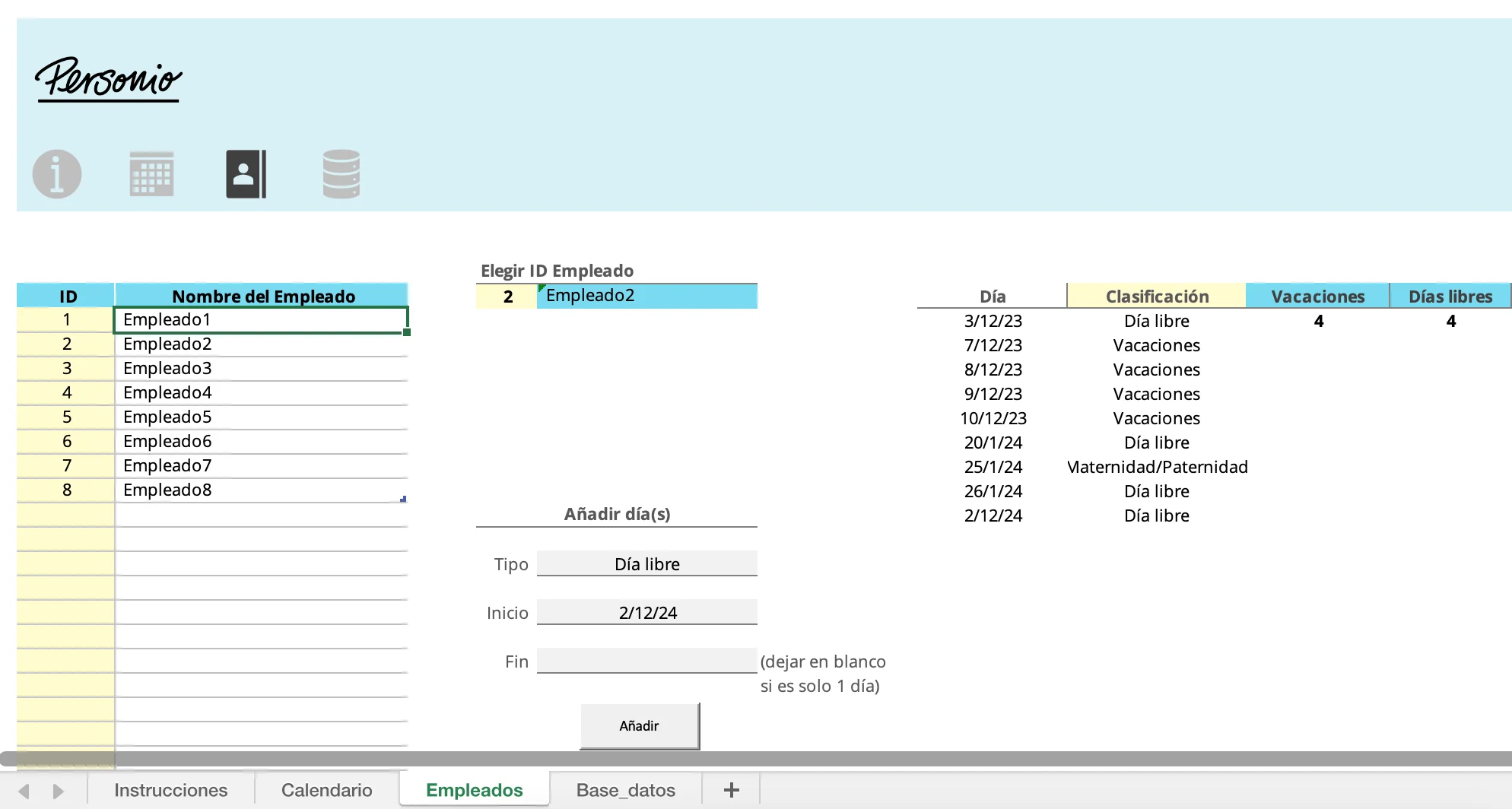 Plantilla vacaciones empleados excel