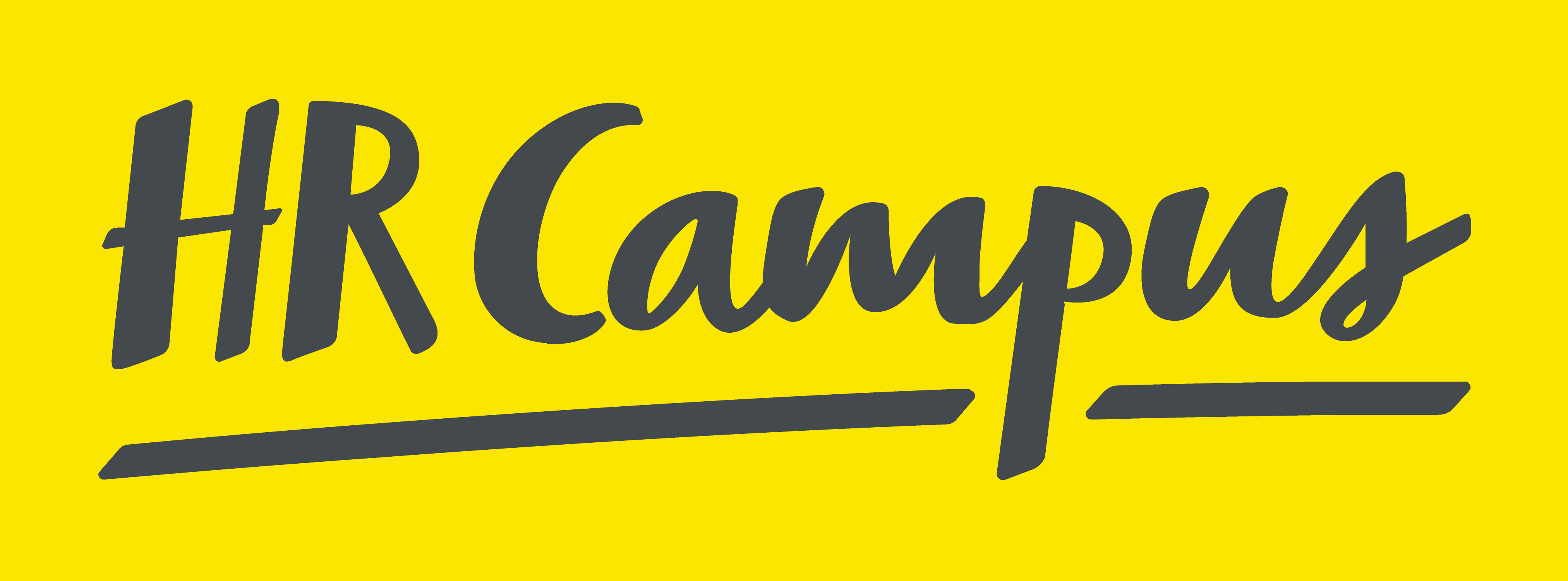 Logo von HR Campus: grauer Schriftzug in Handschrift-Stil auf gelbem Hintergrund, mit Unterstrich.