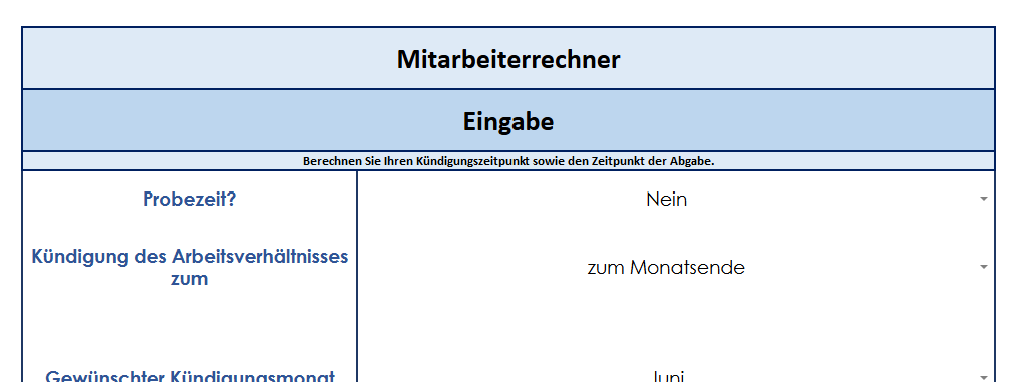 Vorlage zur Berechnung der Kündigungsfrist, dargestellt als Tabelle