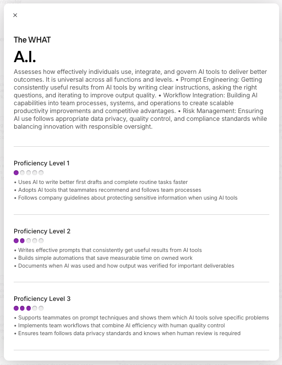 A screenshot of Personio's career framework dashboard, showing how AI competencies progress at each level.