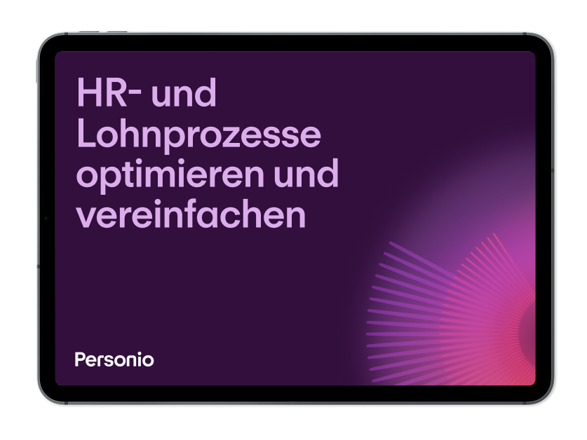 Tablet displaying Personio software interface with German text about optimizing HR and payroll processes on purple gradient background.