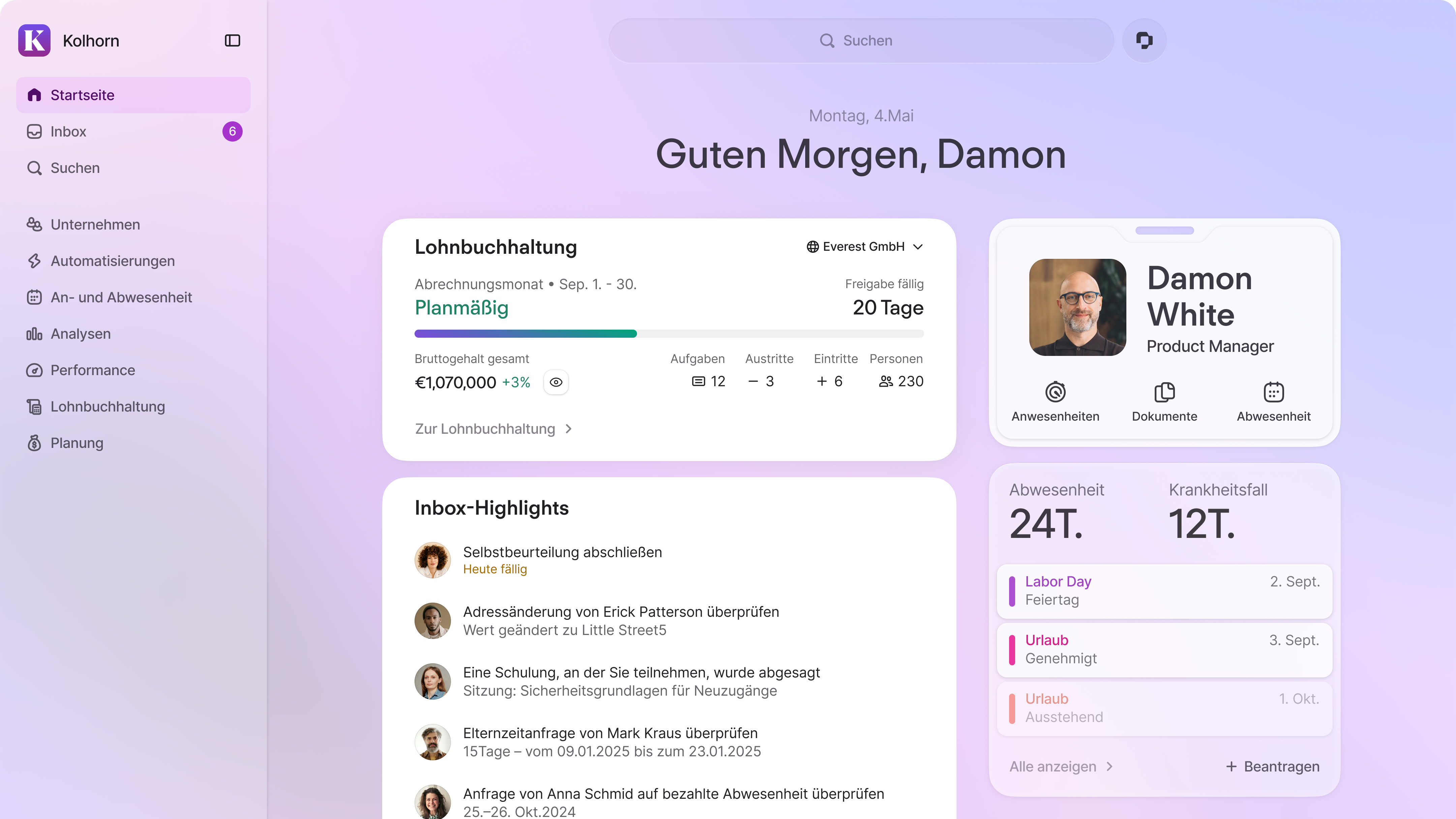 Kolhorn HR-Software Dashboard mit Lohnbuchhaltung, Inbox-Highlights und Mitarbeiterprofil von Damon White, Product Manager.