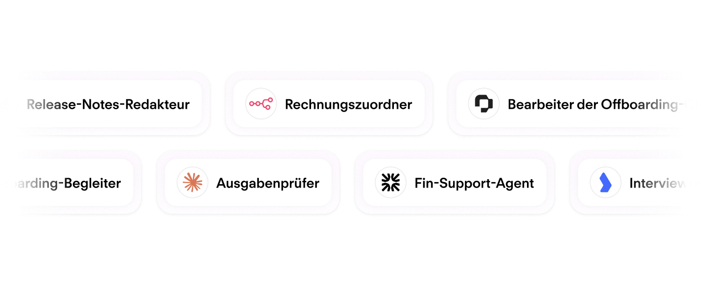 Raster von KI-Tool-Karten: Release Notes Scribe, Invoice Mapper, Offboarding Checklist Runner, Expense Auditor, Fin Support Agent u. a.