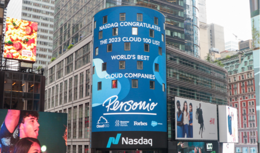 Personio logo on times square screen for Nasdaq Cloud 100