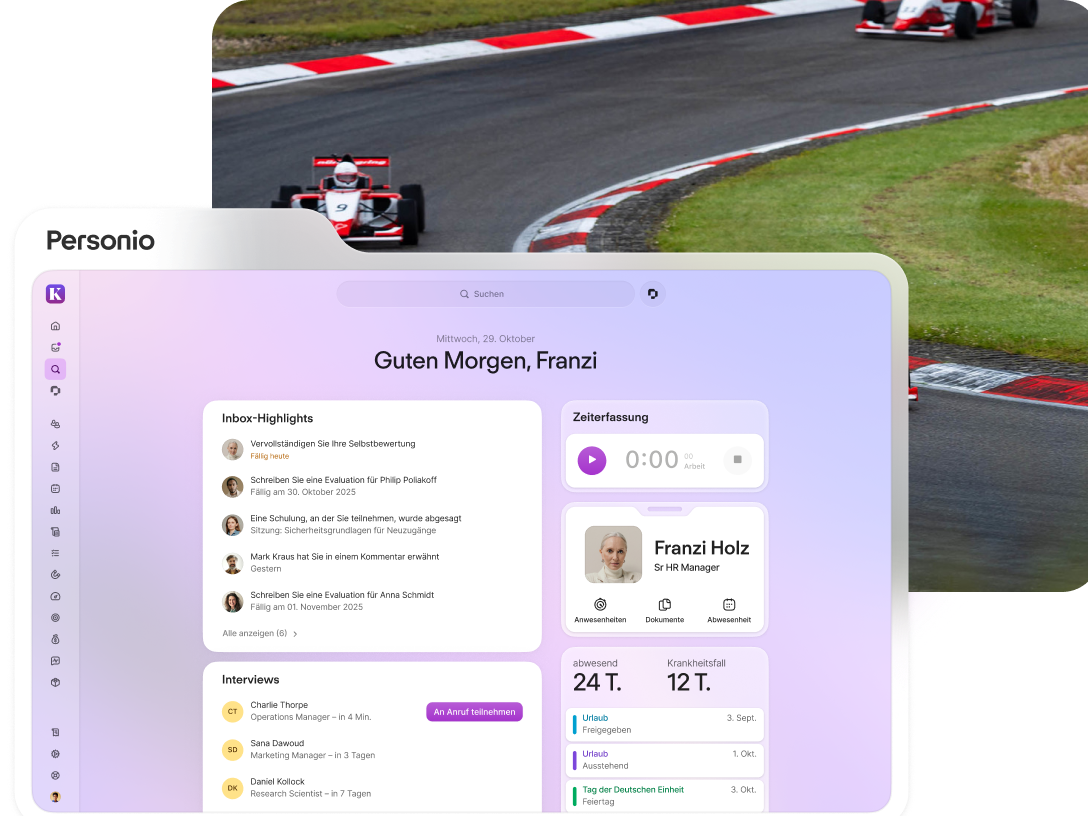 Personio HR-Software-Dashboard mit Begrüßung, Inbox und Zeiterfassung, überlagert von Formel-Rennwagen auf einer Rennstrecke.