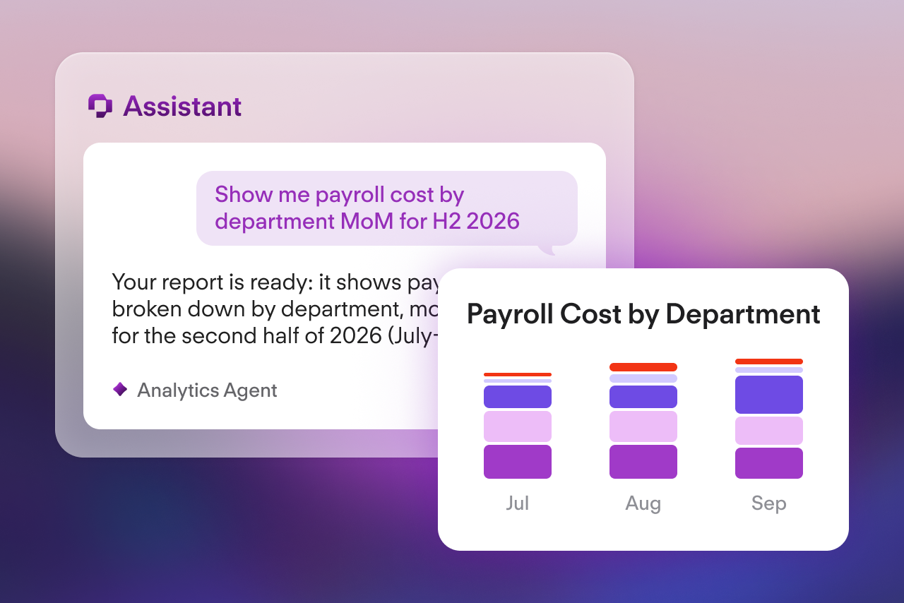 Visual of the analytics agent answering questions about a payroll report