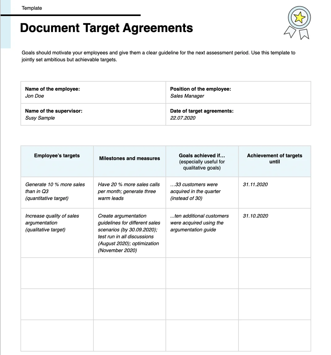 target agreement performance improvement template