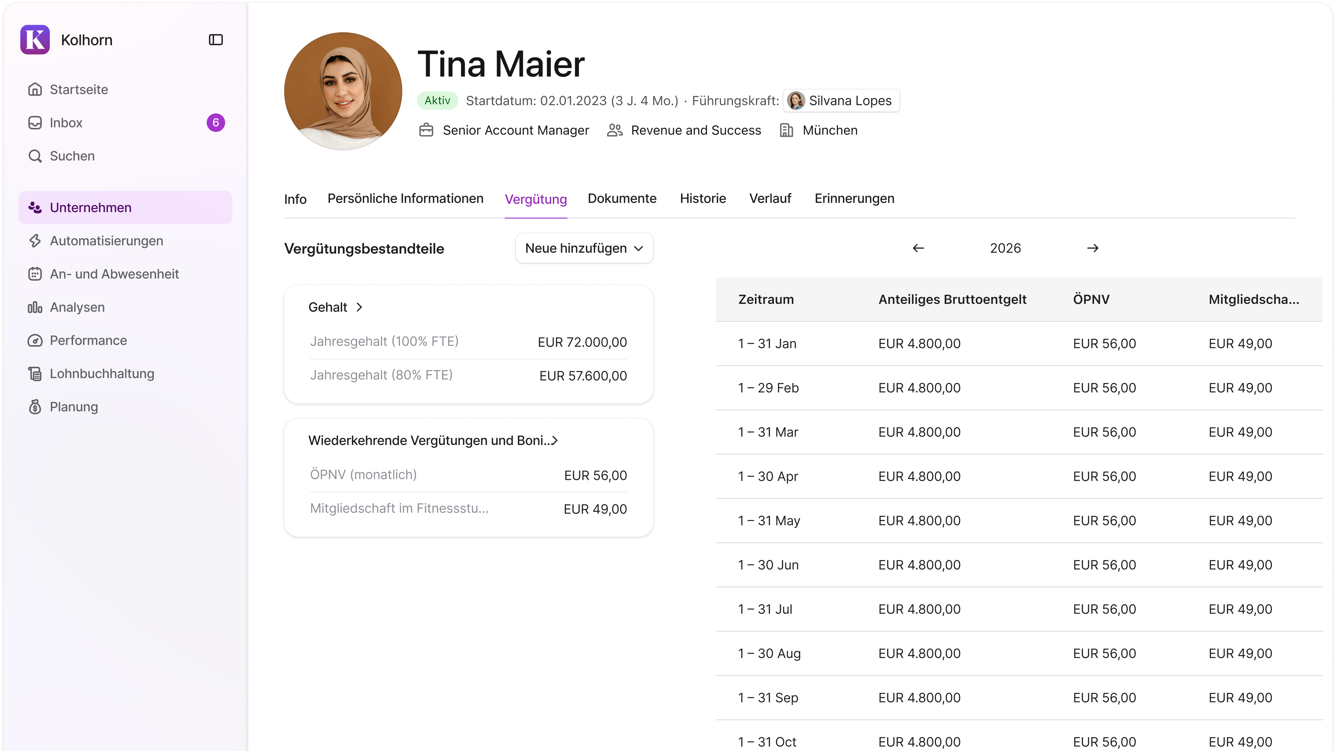 Kolhorn: Vergütungsprofil von Tina Maier, Senior Account Manager, mit Gehalt, ÖPNV-Zuschuss und monatlicher Vergütungsübersicht für 2026.