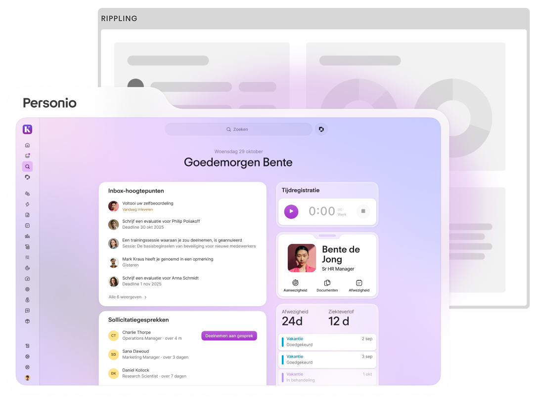 Personio HR software dashboard showing inbox highlights, time tracking, and upcoming interviews for Catherine Muller, an HR Manager.