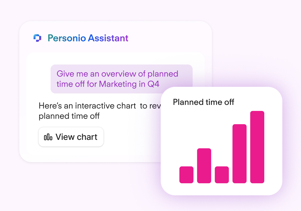 A user conversation with Personio Assistant, requesting an overview of planned time off for the marketing department. The Assistant responds with a chart.