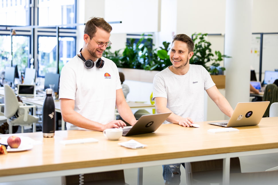 Two colleagues working and laughing