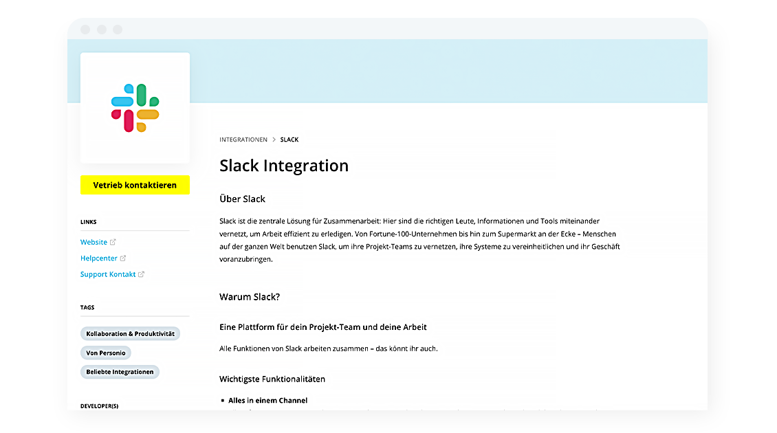 screenshot of the slack integration page