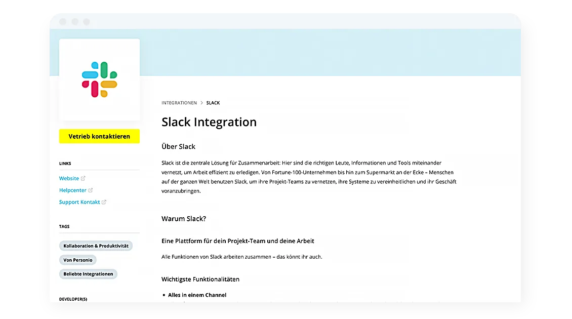 screenshot of the slack integration page