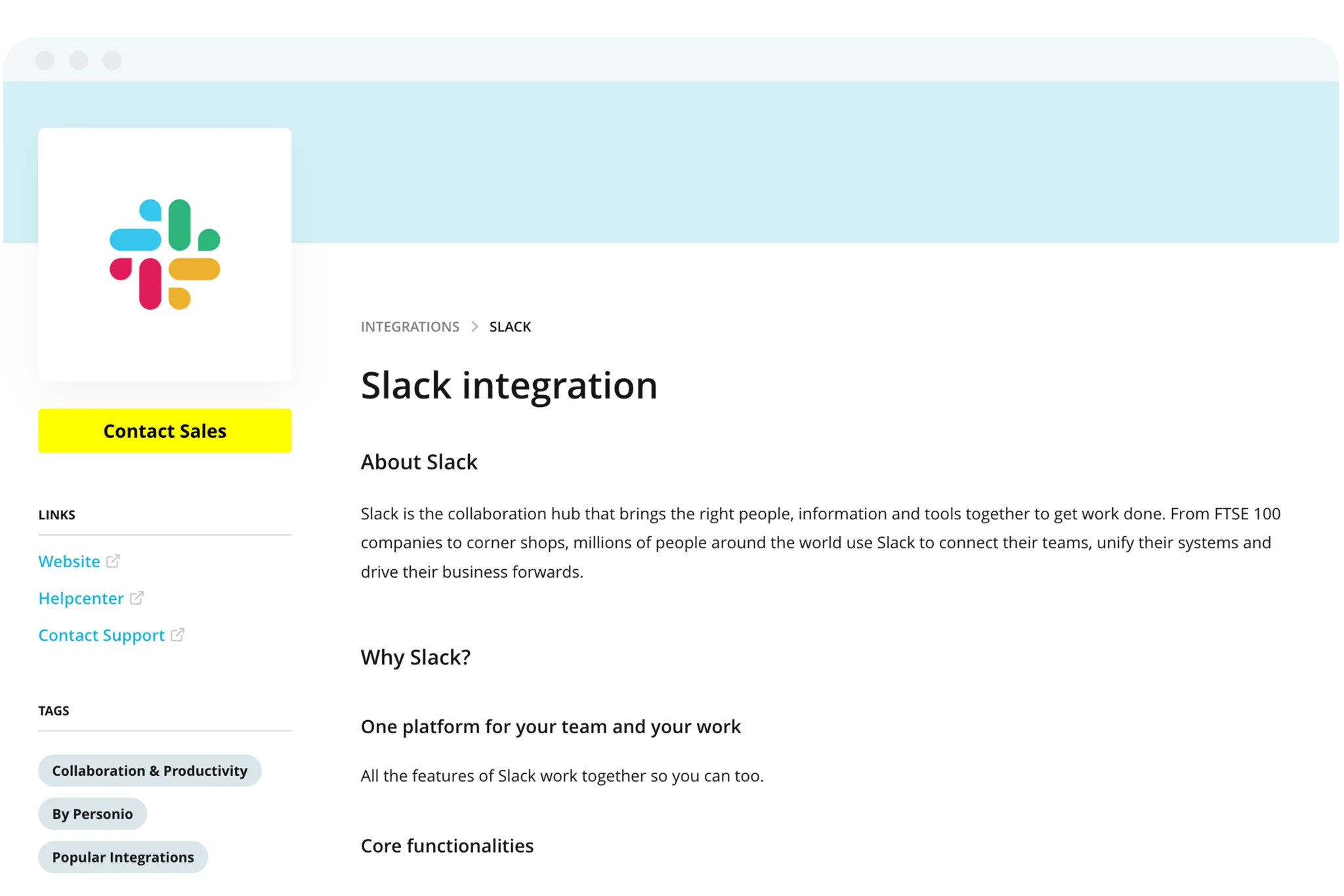 screenshot of the slack integration page