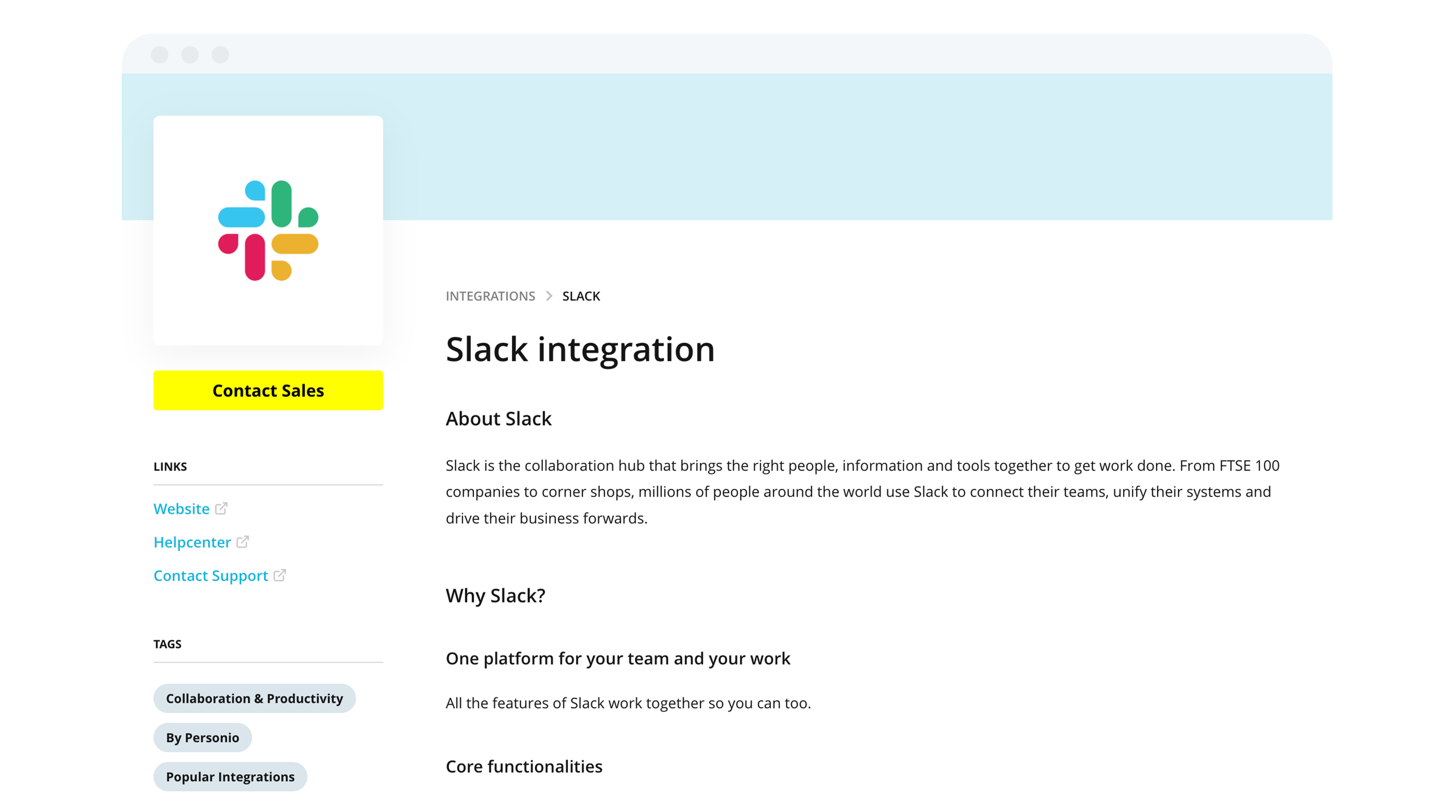 screenshot of the slack integration page