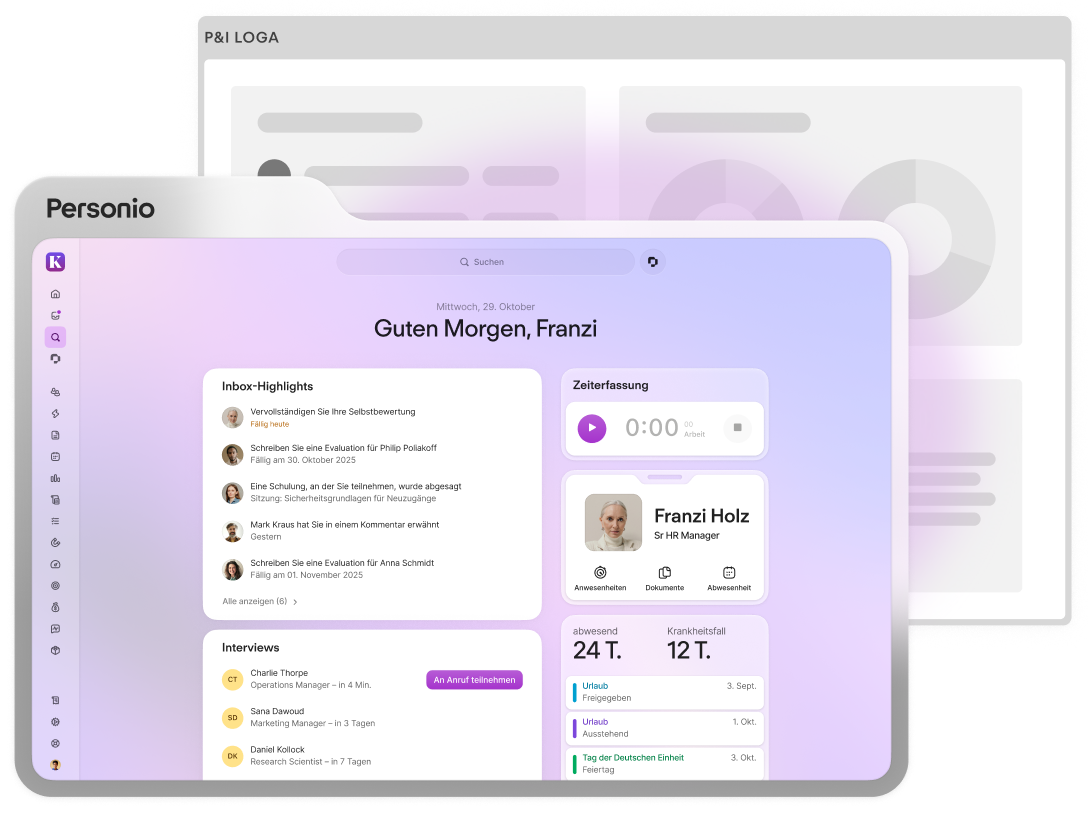 Personio HR software dashboard showing inbox highlights, time tracking, and upcoming interviews for HR Manager Franzi Holz.