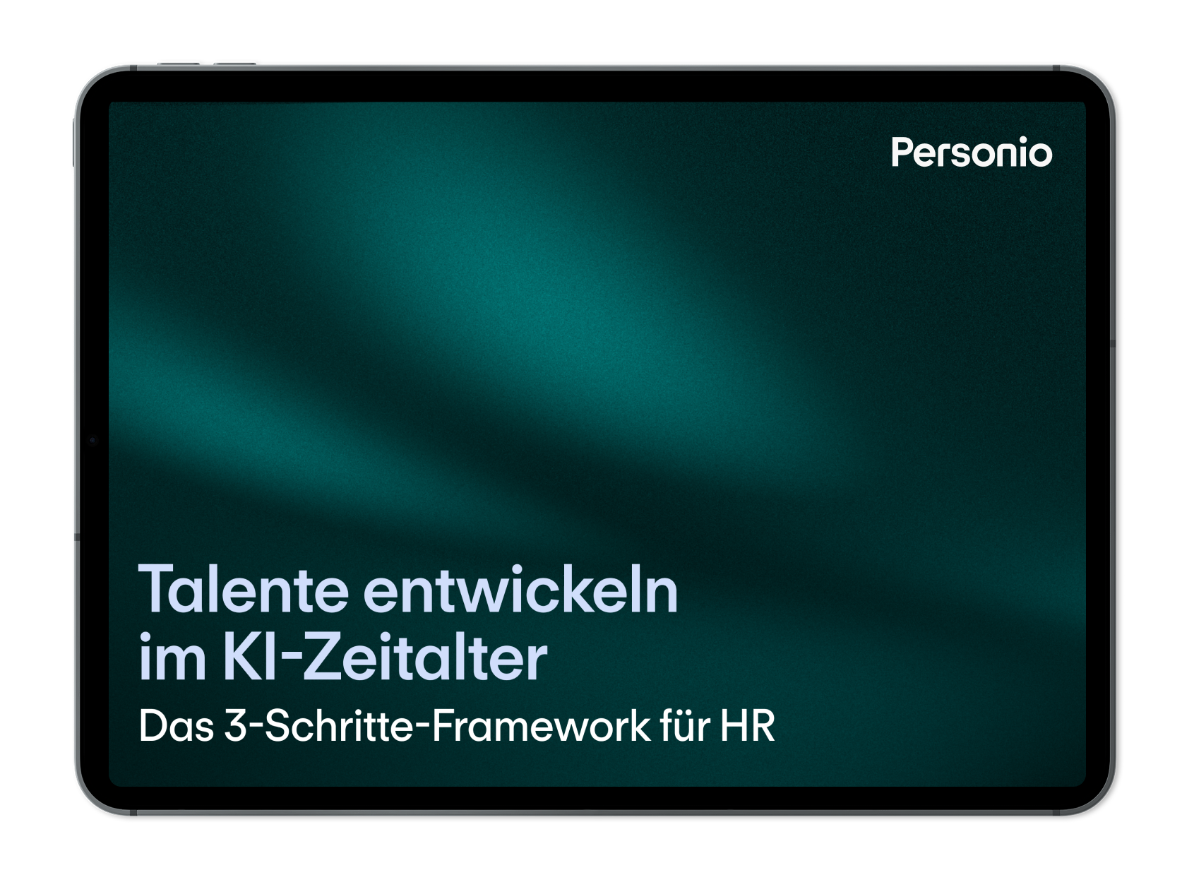 Tablet mit Personio-Leitfaden: "Talente entwickeln im KI-Zeitalter – Das 3-Schritte-Framework für HR" auf dunkelgrünem Hintergrund.
