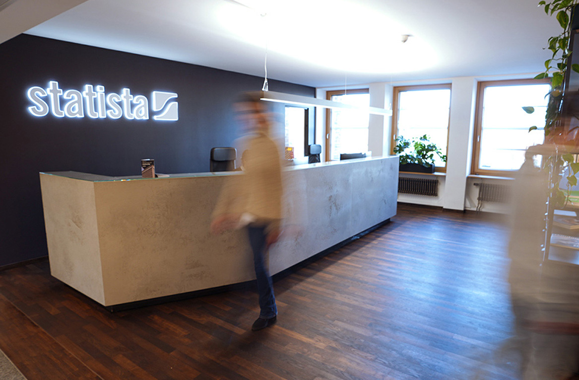 Statista company sign at the reception of their office building