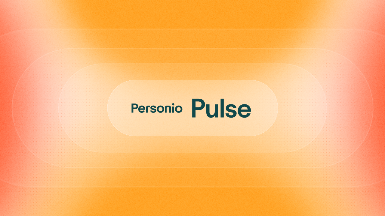 Personio Pulse logo on an orange and peach gradient background with a rounded rectangle highlight in the center.