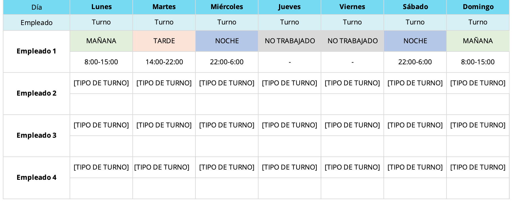 Imagen de la planilla lunes a domingo turnos rotativos 4 personas de Personio 