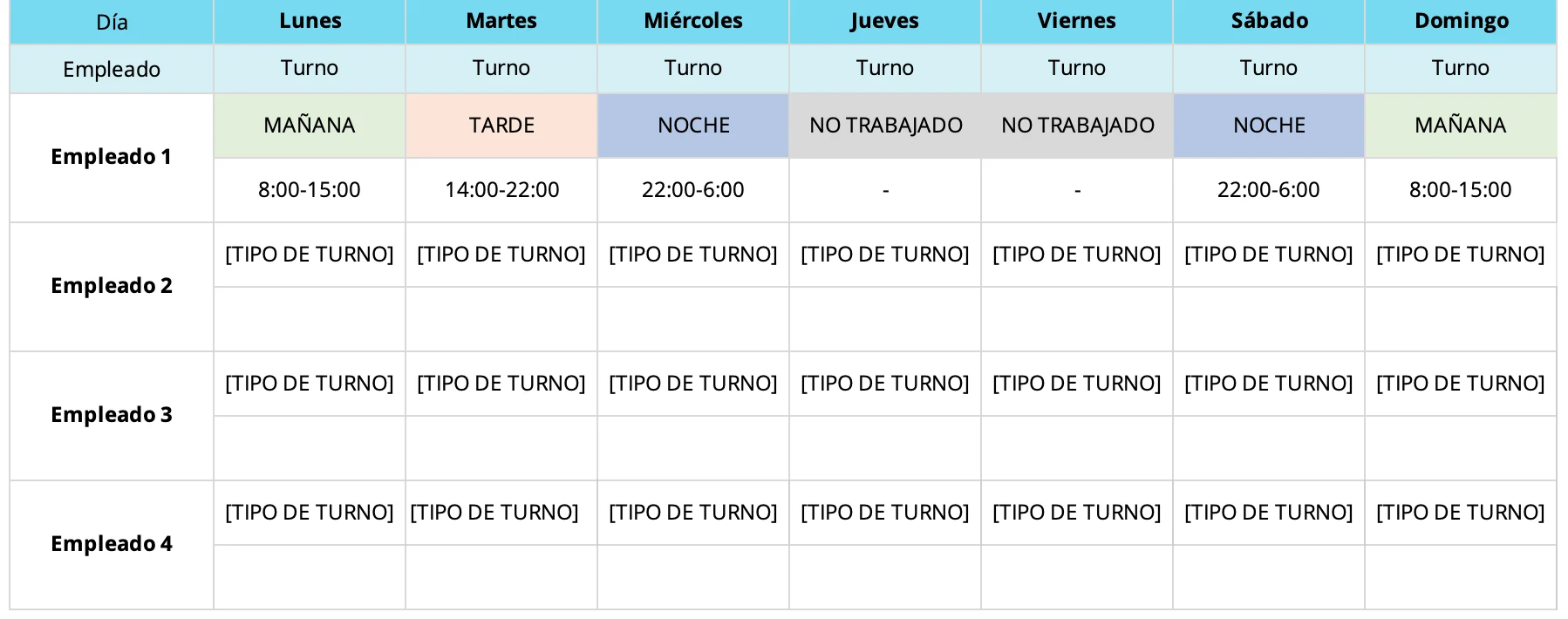 Imagen de la planilla lunes a domingo turnos rotativos 4 personas de Personio 