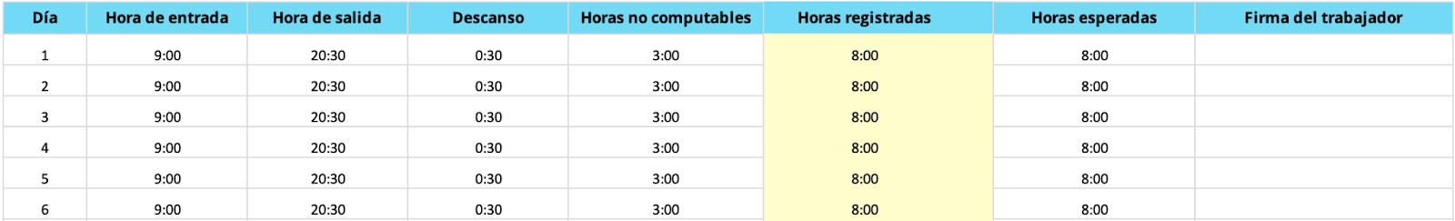 Plantilla control horario de trabajo