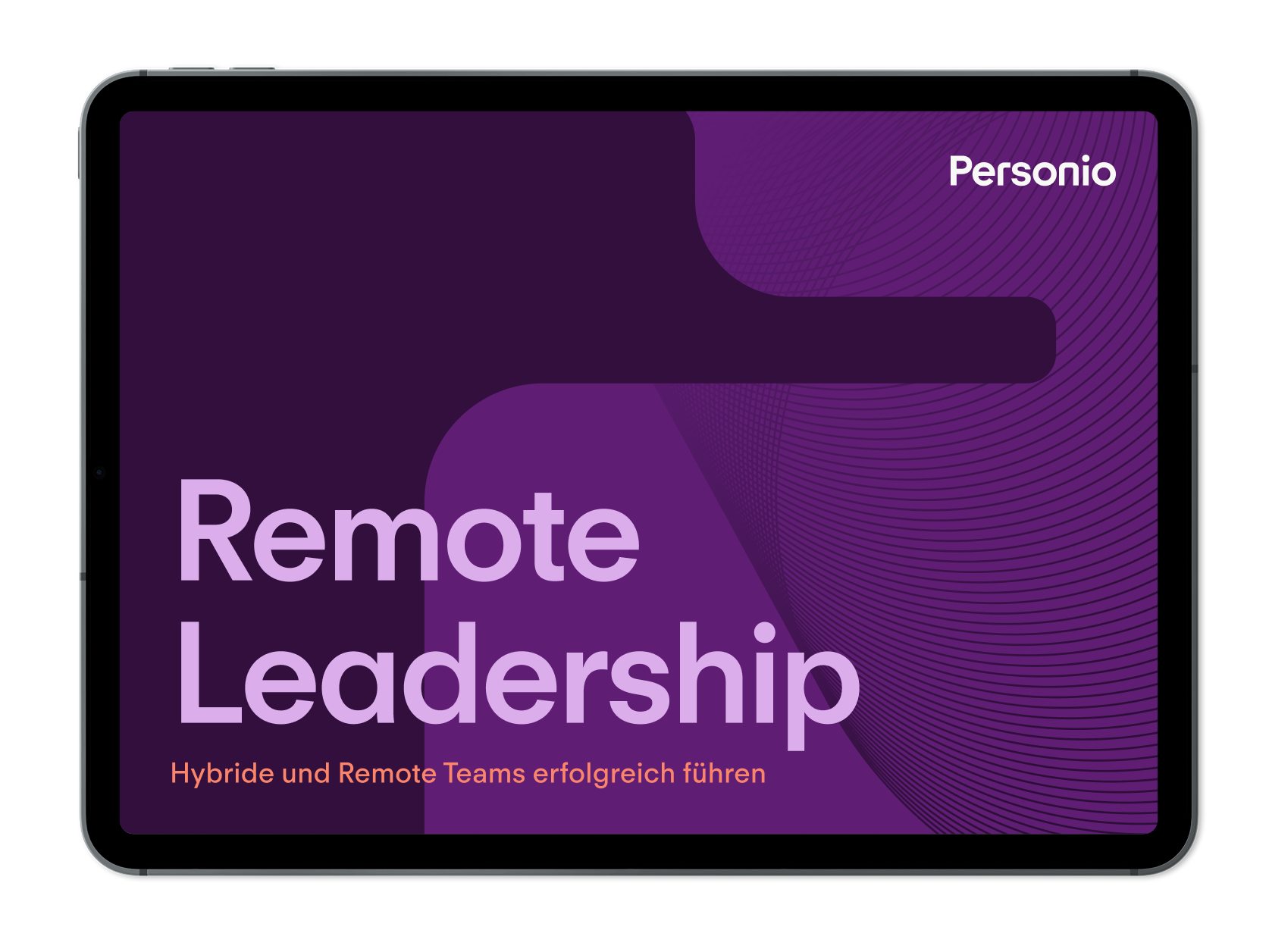 Tablet displaying "Remote Leadership" with German subtitle on purple background, Personio logo in top corner.