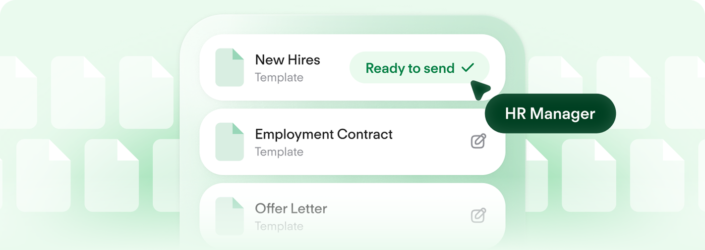 HR document management interface showing New Hires, Employment Contract, and Offer Letter templates with "Ready to send" status.